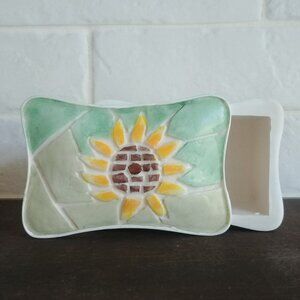 4/$20 Small sunflower tile top ceramic type box green yellow white